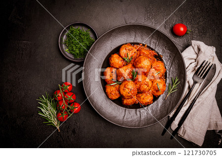 Meatballs with spices and sauce in a plate 121730705