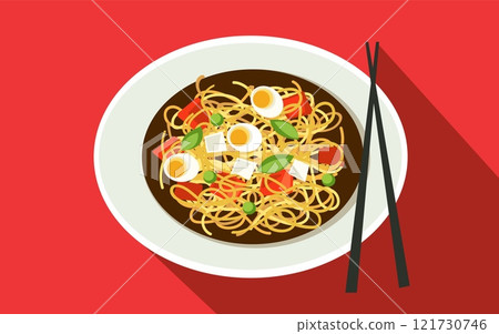 Enjoying a flavorful bowl of Korean ramen with noodles and garnishes on a red background 121730746