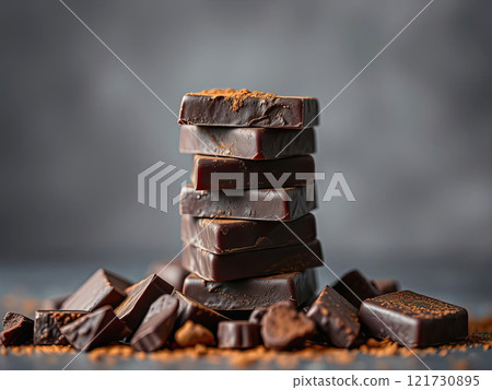 Pieces of dark chocolate sprinkled with cocoa powder on a gray background. Pieces of dark chocolate sprinkled with cocoa powder on a gray background. 121730895