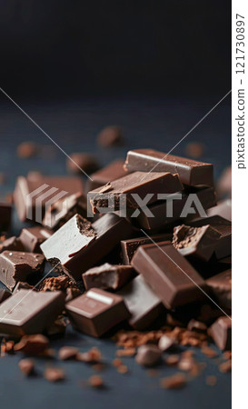 Pieces of dark chocolate sprinkled with cocoa powder on a gray background. Pieces of dark chocolate sprinkled with cocoa powder on a gray background. 121730897
