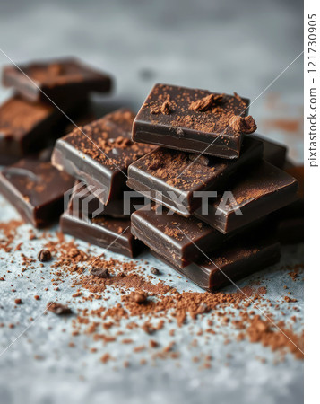 Pieces of dark chocolate sprinkled with cocoa powder on a gray background. 121730905