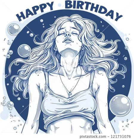 A woman is immersed in water, eyes closed, and a serene expression on her face. Bubbles surround her as she celebrates her birthday, conveying a sense of bliss and tranquility. A woman is immersed in water, eyes closed, and a serene expression on her face. Bubbles surround her as she celebrates her birthday, conveying a sense of bliss and tranquility. 121731076