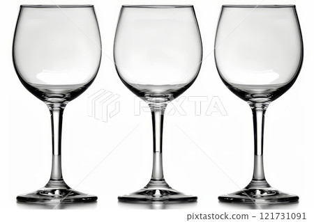 Three empty wine glasses are elegantly arranged in a row against a clean white background, showcasing their sleek designs and reflecting light beautifully. Perfect for a special occasion. 121731091