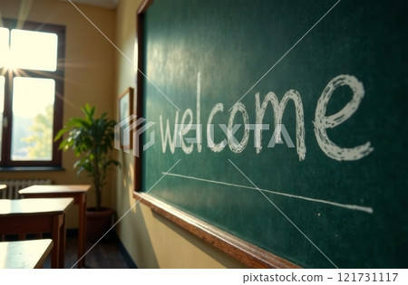 Bright sunlight streams through a classroom window, illuminating a chalkboard with the word welcome written in chalk. Desks are arranged neatly, creating an inviting learning space. 121731117