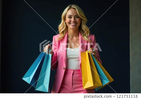 A woman wearing a pink suit smiles brightly while holding several colorful shopping bags. The modern setting highlights her fashionable choice and excitement about her recent purchases. 121731118