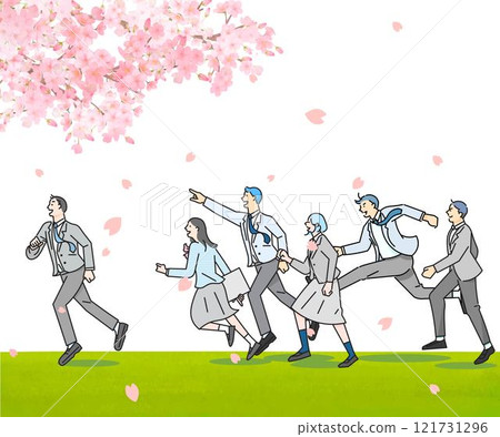 Male and female students running along a bank with cherry blossom trees - profile - full body - graduation and enrollment - simple people vector illustration white background material Male and female students running along a bank with cherry blossom trees - profile - full body - graduation and enrollment - simple people vector illustration white background material 121731296