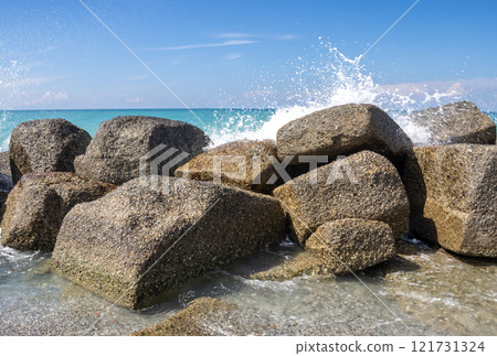 Sand beach with breakwaters, Spadafora, Sicily, Italy 121731324