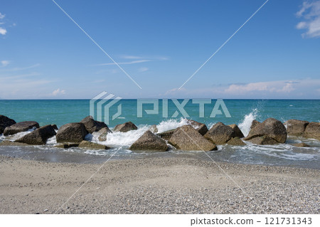 Sand beach with breakwaters, Spadafora, Sicily, Italy 121731343