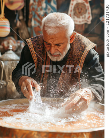 Elderly man performing a traditional ritual with water 121731430