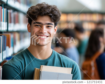 A young male student with a confident smile holds books close to his chest 121731431