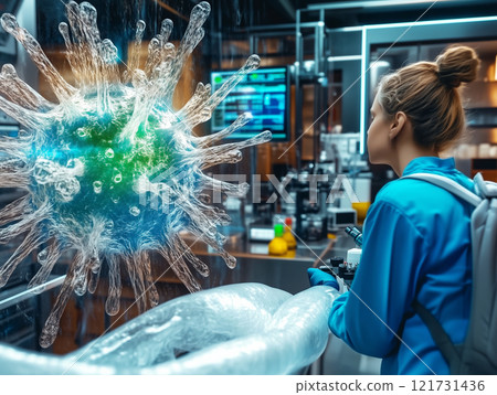 Scientist in a modern laboratory observing a magnified glowing virus structure through a transparent barrier Scientist in a modern laboratory observing a magnified glowing virus structure through a transparent barrier 121731436