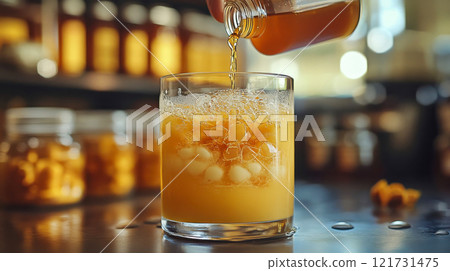 Glass filled with refreshing orange drink being poured. Ideal for health drinks and beverage concepts 121731475