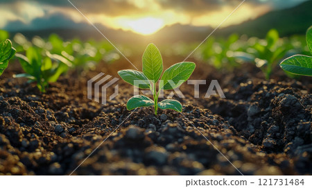 Close-up of a vibrant green plant growing in rich soil under a bright sky, representing sustainable farming and agriculture 121731484