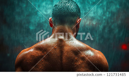 Powerful image of a muscular male athlete standing in the rain, showcasing strength, resilience, and determination 121731485