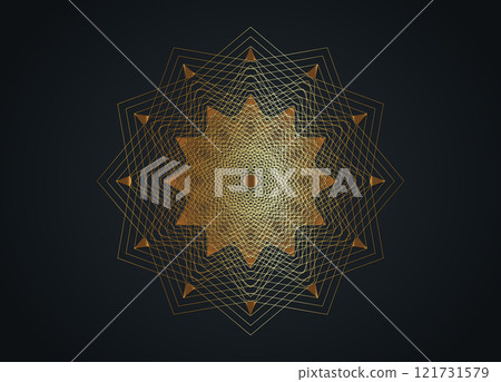 Gold Luxury Sacred Mandala template. Flower round design element isolated on black background. Circle pattern in golden color. Vector illustration for logo, monogram, web design, decoration, business Gold Luxury Sacred Mandala template. Flower round design element isolated on black background. Circle pattern in golden color. Vector illustration for logo, monogram, web design, decoration, business 121731579
