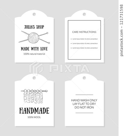 Handmade with Love Paper Tags with Care Instructions Set Monochrome Hand Drawn Vector Illustration 121731598