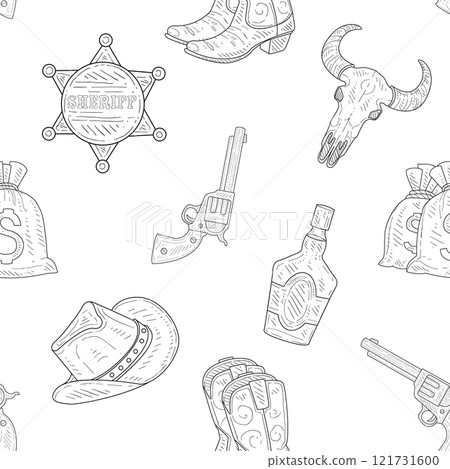 Wild West Seamless Pattern, Western, Cowboy Hand Drawn Symbols Monochrome Vector Illustration 121731600