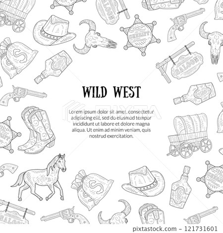 Wild West Banner Template with Place for Text, Western, Cowboy Hand Drawn Symbols Pattern Monochrome Vector Illustration Wild West Banner Template with Place for Text, Western, Cowboy Hand Drawn Symbols Pattern Monochrome Vector Illustration 121731601