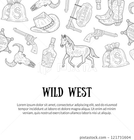 Wild West Banner Template with Place for Text, Western, Cowboy Hand Drawn Symbols Monochrome Vector Illustration Wild West Banner Template with Place for Text, Western, Cowboy Hand Drawn Symbols Monochrome Vector Illustration 121731604