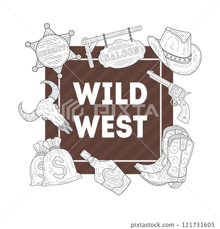 Wild West Banner Template, Western, Cowboy Hand Drawn Symbols Vector Illustration Wild West Banner Template, Western, Cowboy Hand Drawn Symbols Vector Illustration 121731605