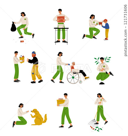 Volunteers Helping People, Animals, Planting Trees and Gathering Garbage Set, Volunteering, Charity and Supporting People Vector Illustration Volunteers Helping People, Animals, Planting Trees and Gathering Garbage Set, Volunteering, Charity and Supporting People Vector Illustration 121731606