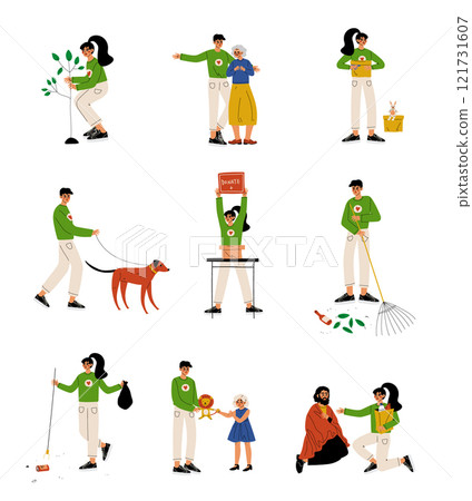 Volunteers Helping Elderly, Homeless People, Animals, Planting Trees and Gathering Garbage Set, Volunteering, Charity and Supporting People Vector Illustration Volunteers Helping Elderly, Homeless People, Animals, Planting Trees and Gathering Garbage Set, Volunteering, Charity and Supporting People Vector Illustration 121731607