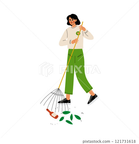 Girl Volunteer Gathering Garbage and Leaves on Street Using Rake, Volunteering, Ecological Lifestyle Vector Illustration Girl Volunteer Gathering Garbage and Leaves on Street Using Rake, Volunteering, Ecological Lifestyle Vector Illustration 121731618