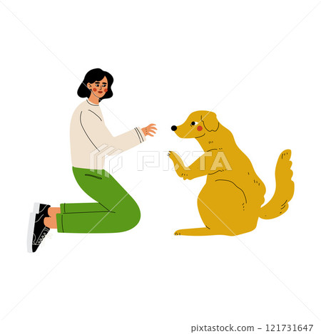 Girl Palying with Dog, Volunteer Taking Care of Animals Vector Illustration 121731647