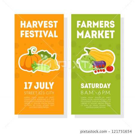 Fruit Festival Banner Templates Ser, Farmers Market Cards with Vrgrtables Pattern and Place for Text Vector Illustration 121731654