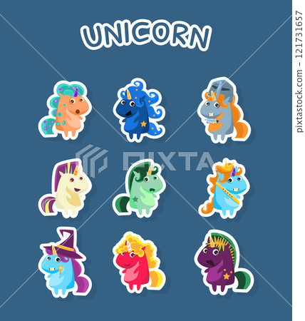 Funny Cartoon Magic Unicorns Stickers Set, Fashion Patch Badges with Cute Fantasy Animals on Blue Bacground Vector Illustration, Funny Cartoon Magic Unicorns Stickers Set, Fashion Patch Badges with Cute Fantasy Animals on Blue Bacground Vector Illustration, 121731657