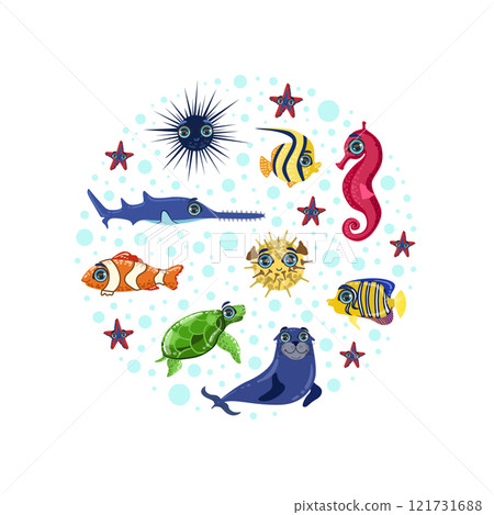 Sea Animals Seamless Pattern of Round Shape, Colorful Underwater Marine Creatures Vector Illustration 121731688