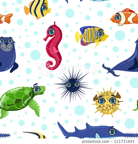 Sea Animals Seamless Pattern, Colorful Underwater Marine Creatures, Design Element Can Be Used for Wallpaper, Packaging, Background Vector Illustration 121731691