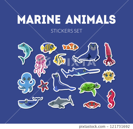 Marine Animals Stickers Set, Cute Underwater Sea Creatures Vector Illustration 121731692