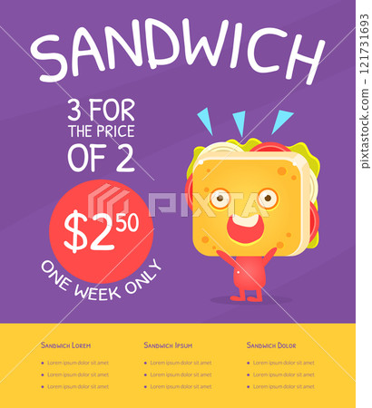 Sandwich Gift Voucher Template, Fast Food Discount Coupon with Funny Sandwich Cartoon Character Vector Illustration Sandwich Gift Voucher Template, Fast Food Discount Coupon with Funny Sandwich Cartoon Character Vector Illustration 121731693