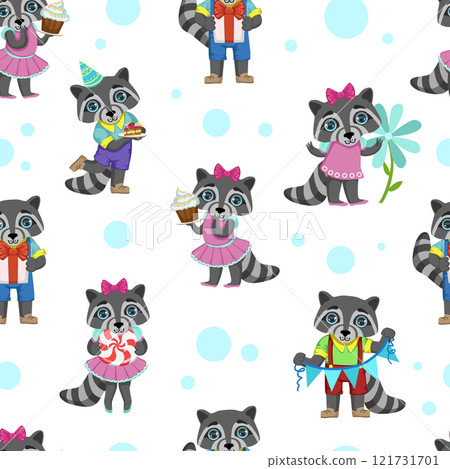 Cute Raccoon Animal with Birthday Cake Seamless Pattern, Design Element Can Be Used for Wallpaper, Packaging, Background Vector Illustration 121731701