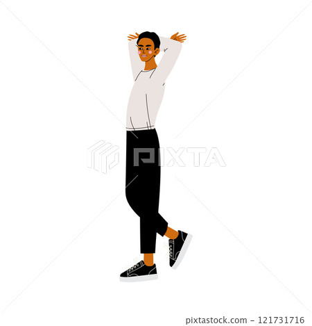 Young Blond Handsome Man in Casual Clothes Standing with Hands Behind his Head Vector Illustration 121731716