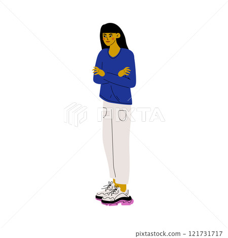 Beautiful Brunette Young Woman in Casual Clothes Standing with Arms Crossed Vector Illustration 121731717