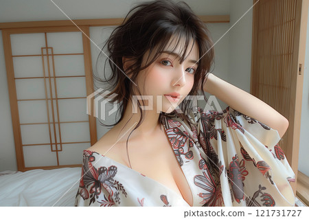 A woman in a kimono stands out in a Japanese space 121731727
