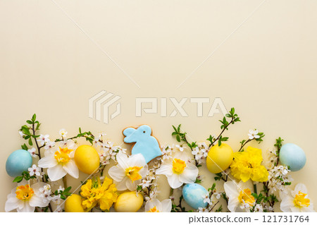 Spring flowers and Easter eggs and bunnies Spring flowers and Easter eggs and bunnies 121731764
