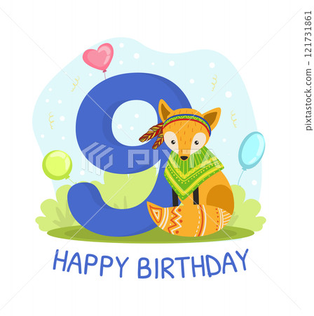 Birthday Anniversary Number and Cute Ethnic Patterned Fox Animal, Card Template for Nine Year Old Vector Illustration 121731861