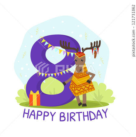 Birthday Anniversary Number and Cute Ethnic Patterned Deer Animal, Card Template for Eight Year Old Vector Illustration 121731862