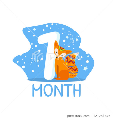 First Month Birthday Anniversary Number and Cute Ethnic Patterned Fox Animal Vector Illustration 121731876