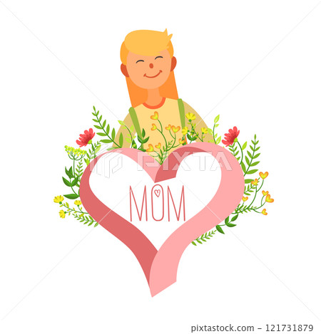 Mothers Day Card Template, Happy Beautiful Mother and Floral Frame in Shape of Heart Vector Illustration 121731879