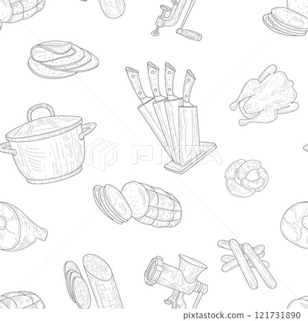 Meat Products Seamless Pattern, Hand Drawn Design Element Can Be Used for Wallpaper, Packaging, Background Vector Illustration Meat Products Seamless Pattern, Hand Drawn Design Element Can Be Used for Wallpaper, Packaging, Background Vector Illustration 121731890