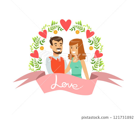 Happy Couple in Love Characters in Floral Frame, Portrait on Newlyweds Vector Illustration Happy Couple in Love Characters in Floral Frame, Portrait on Newlyweds Vector Illustration 121731892