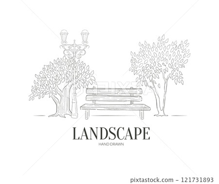 Hand Drawn Landscape Banner Template with Wooden Bench under Trees Vector Illustration Hand Drawn Landscape Banner Template with Wooden Bench under Trees Vector Illustration 121731893