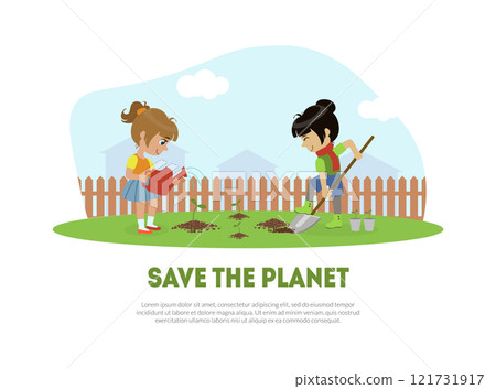 Save the Planet Banner Template with Cute Girl and Boy Volunteers Planting Tree in Garden Vector Illustration Save the Planet Banner Template with Cute Girl and Boy Volunteers Planting Tree in Garden Vector Illustration 121731917