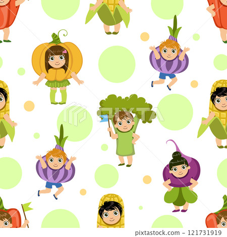 Cute Kids in Vegetables Costumes Seamless Pattern, Adorable Children Dressed Like Vegetable, Design Element Can Be Used for Wallpaper, Packaging, Background Vector Illustration Cute Kids in Vegetables Costumes Seamless Pattern, Adorable Children Dressed Like Vegetable, Design Element Can Be Used for Wallpaper, Packaging, Background Vector Illustration 121731919