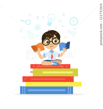 Cute Little Boy Sitting and Reading on Giant Stack of Books Vector Illustration Cute Little Boy Sitting and Reading on Giant Stack of Books Vector Illustration 121731924