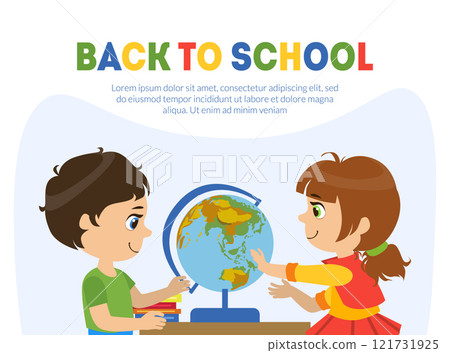 Back to School Banner Template with Cute Boy and Girl with Globe Vector Illustration 121731925